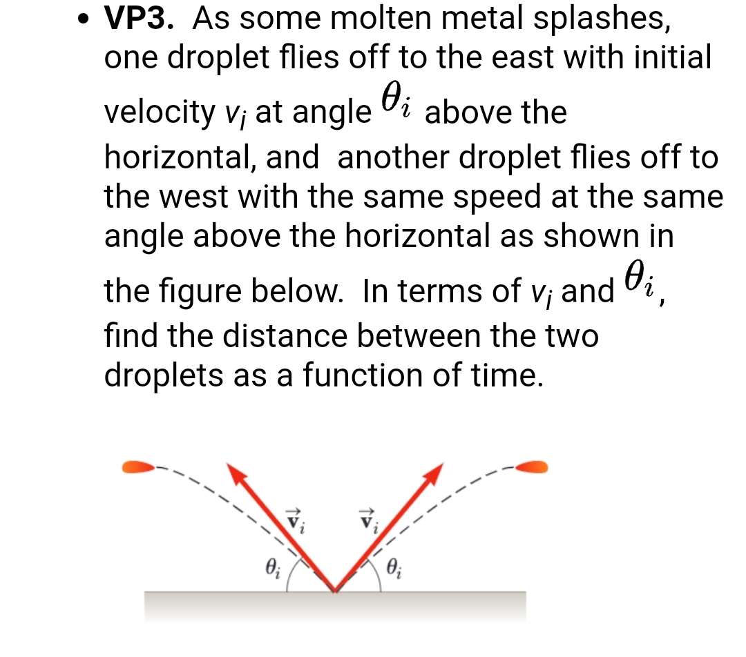 • VP3. As some molten metal splashes,
one droplet flies off to the east with initial
Oi above the
velocity v; at angle
horizontal, and another droplet flies off to
the west with the same speed at the same
angle above the horizontal as shown in
the figure below. In terms of v; and Vi,
find the distance between the two
droplets as a function of time.
