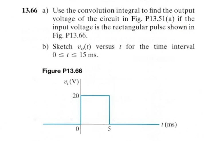 13.66 a) Use the convolution integral to find the output
voltage of the circuit in Fig. P13.51(a) if the
input voltage is the rectangular pulse shown in
Fig. P13.66.
b) Sketch v(t) versus t for the time interval
0<1< 15 ms.
Figure P13.66
v;(V)|
20
t (ms)
