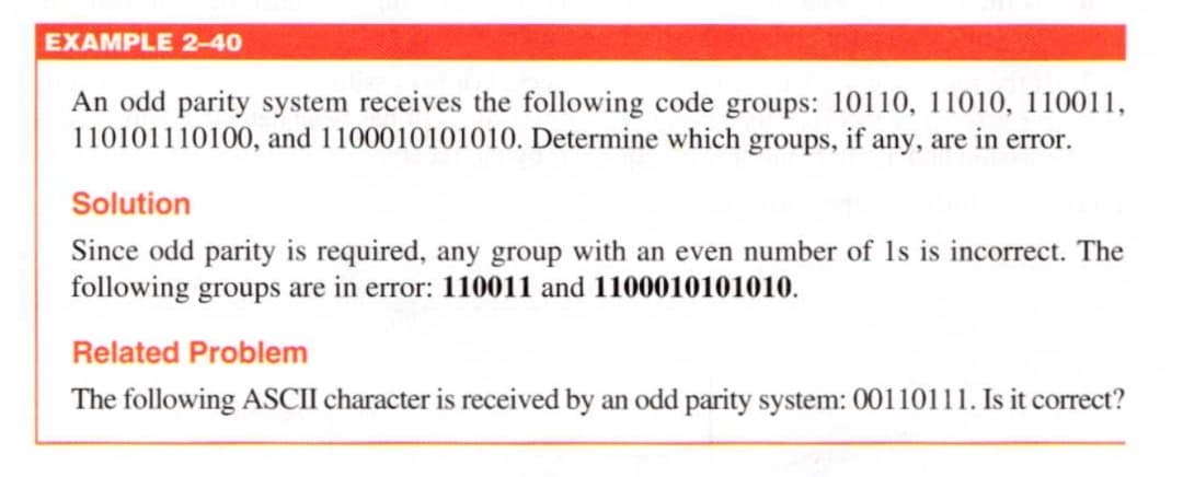 Related Problem
The following ASCII character is received by
an odd parity system: 00110111. Is it correct?
