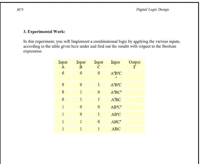 BCS
Digital Logic Design
3. Experimental Work:
In this experiment, you will Implement a combinational logic by applying the various inputs,
according to the table given here under and find out the results with respect to the Boolcan
expression.
Input
A
Input
C
Input
Input
Output
F
A'B'C
1
A'B'C
1
A'BC'
1
1
АВС
1
AB'C'
1
AB'C
1
1
АВС"
1
1
1
АВС
