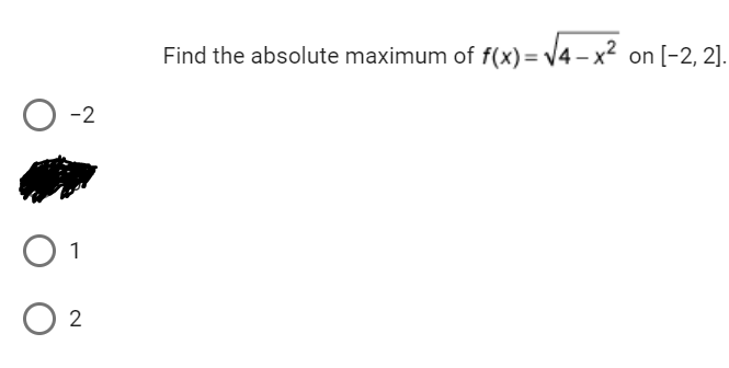 -2
о 1
O 2
Find the absolute maximum of f(x) = √4 – x² on [−2, 2].