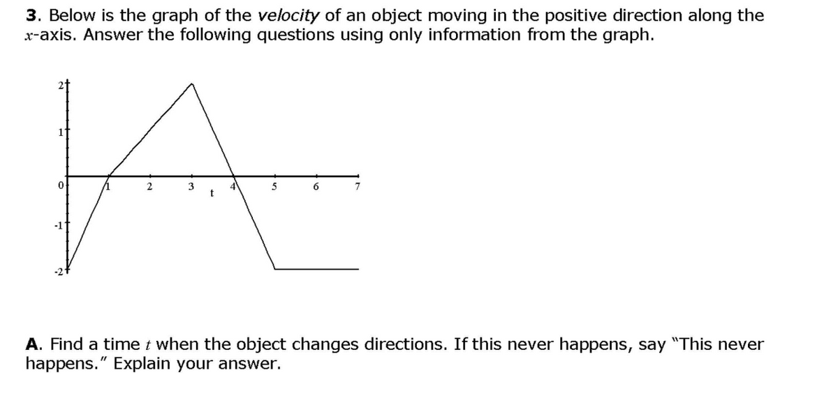 3. Below is the graph of the velocity of an object moving in the positive direction along the
x-axis. Answer the following questions using only information from the graph.
3
5
6
7
-1
A. Find a time t when the object changes directions. If this never happens, say "This never
happens." Explain your answer.
