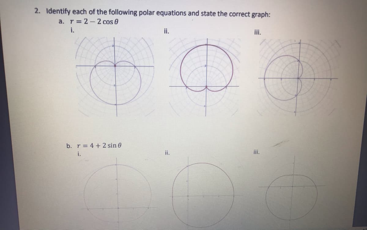 2. Identify each of the following polar equations and state the correct graph:
a. r 2-2 cos e
i.
ii.
iii.
b. r = 4 +2 sin 0
i.
ii.
iii.
