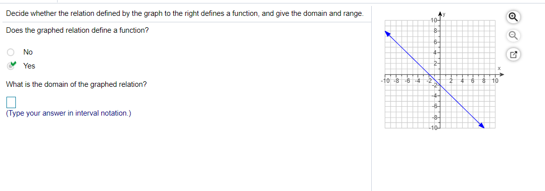 Decide whether the relation defined by the graph to the right defines a function, and give the domain and range.
Ay
10-
Does the graphed relation define a function?
8-
6-
O No
4-
V Yes
2-
-j0 -8
2
What is the domain of the graphed relation?
-6-
(Type your answer in interval notation.)
-8-
10-
