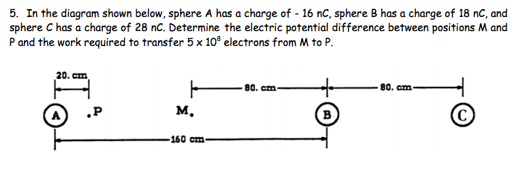 5. In the diagram shown below, sphere A has a charge of - 16 nC, sphere B has a charge of 18 nC, and
sphere C has a charge of 28 nC. Determine the electric potential difference between positions M and
P and the work required to transfer 5 x 10° electrons from M to P.
20. cm
- 80. cm-
- 80. cm-
.P
M.
в
-160 cm
