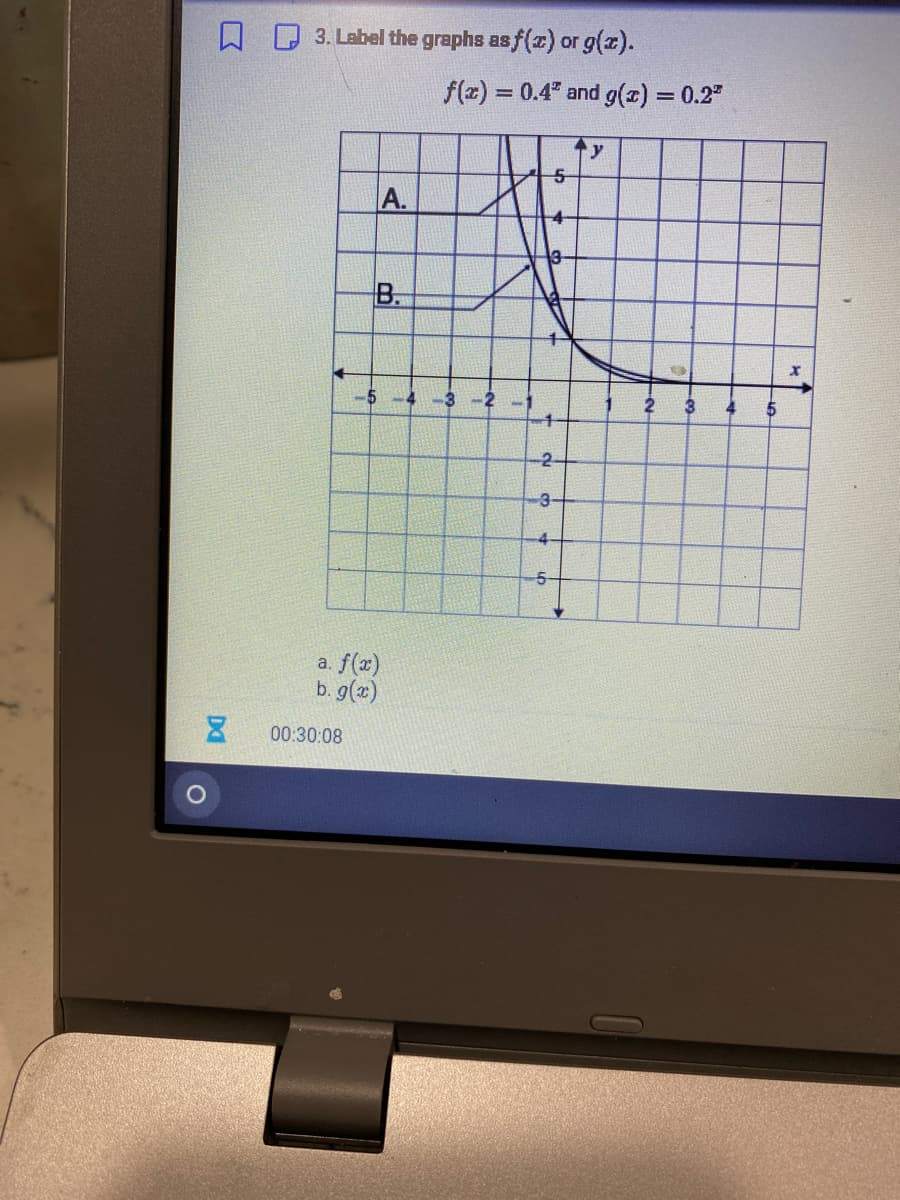 Q D 3. Label the graphs as f(z) or g(z).
f(z) = 0.4" and g(x) 3 0.2"
%3D
y
A.
B.
-5-4
-3 -2
-2-
3-
-4
-5-
a. f(x)
b. g(x)
00:30:08
Da
