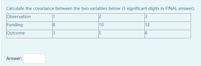 Calculate the covariance between the two variables below (3 significant digits in FINAL answer):
Observation
1
2
3
Funding
8
10
12
Outcome
3
Answer:
6,
