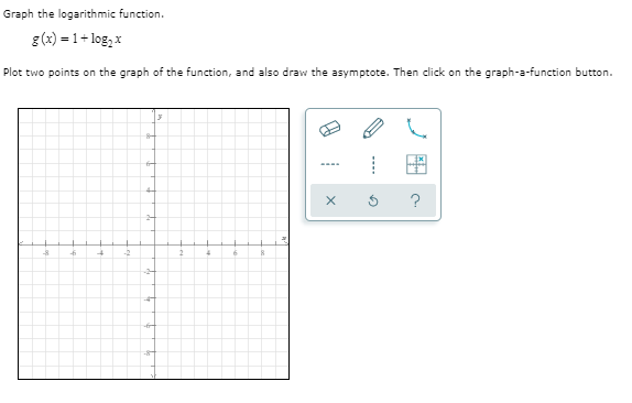 Graph the logarithmic function.
g (x) = 1+ log, x
Plot two points on the graph of the function, and also draw the asymptote. Then click on the graph-a-function button.
for
....
?
