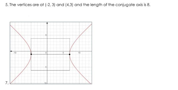 5. The vertices are at (-2, 3) and (4,3) and the length of the conjugate axis is 8.
-10
10
7.
-10
