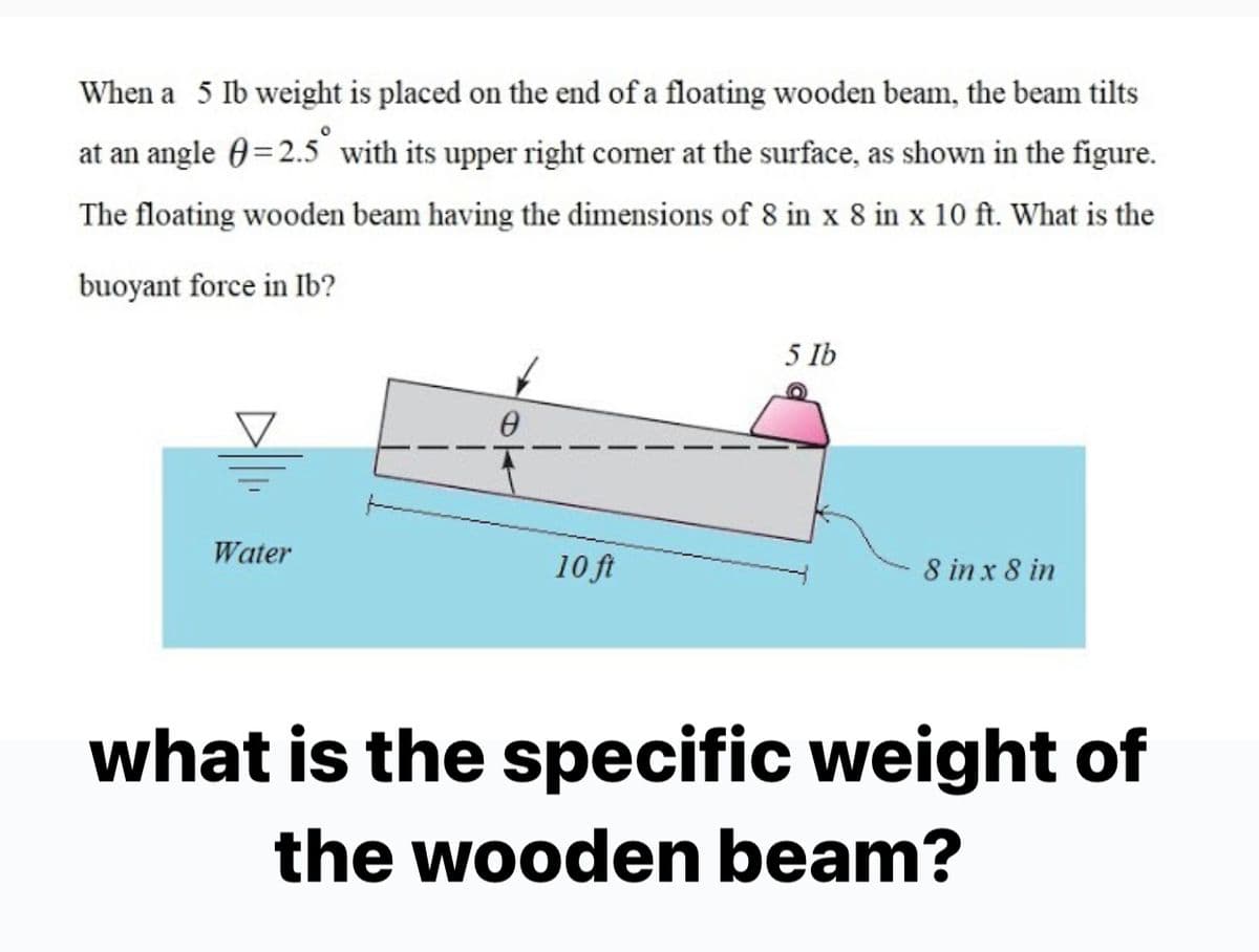 When a 5 Ib weight is placed on the end of a floating wooden beam, the beam tilts
at an angle 0= 2.5 with its upper right corner at the surface, as shown in the figure.
The floating wooden beam having the dimensions of 8 in x 8 in x 10 ft. What is the
buoyant force in Ib?
5 Ib
Water
10 ft
8 in x 8 in
what is the specific weight of
the wooden beam?
