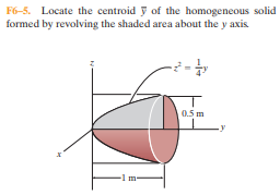 F6-5. Locate the centroid y of the homogeneous solid
formed by revolving the shaded area about the y axis
0.5 m
-1 m-
