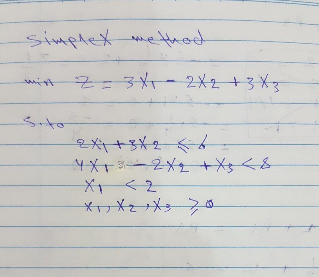 simplex methot
2X2 +3X3
mitt
Sito
4*+ ー2メ1 +Xs <&
メけXと→メラ 3
