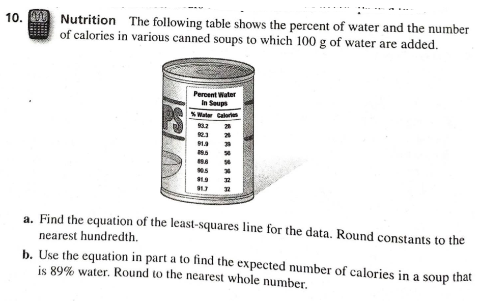 10.
Nutrition The following table shows the percent of water and the number
of calories in various canned soups to which 100 g of water are added.
Percent Water
In Soups
% Water Calories
93.2
28
92.3
26
91.9
39
89.5
89.6
56
56
90,5
36
91.9
32
91.7
32
a. Find the equation of the least-squares line for the data. Round constants to the
nearest hundredth.
b. Use the equation in part a to find the expected number of calories in a soup
is 89% water. Round to the nearest whole number.
that
