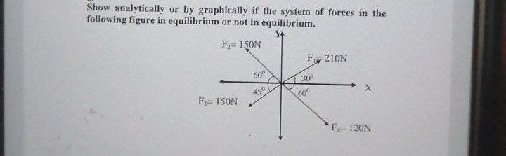 Show analytically or by graphically if the system of forces in the
following figure in equilibrium or not in equilibrium.
F,= 150N
F, 210N
30
450
60
F;= 150N
*F 120N
