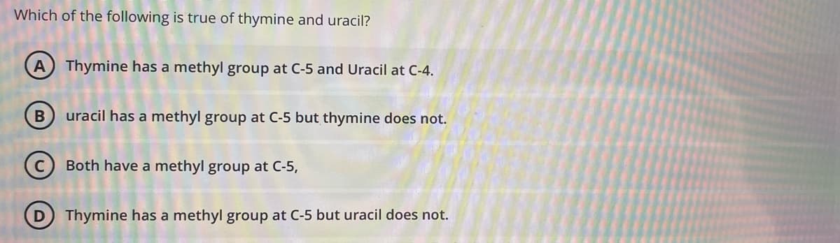 Which of the following is true of thymine and uracil?
A Thymine has a methyl group at C-5 and Uracil at C-4.
uracil has a methyl group at C-5 but thymine does not.
(c) Both have a methyl group at C-5,
D) Thymine has a methyl group at C-5 but uracil does not.
