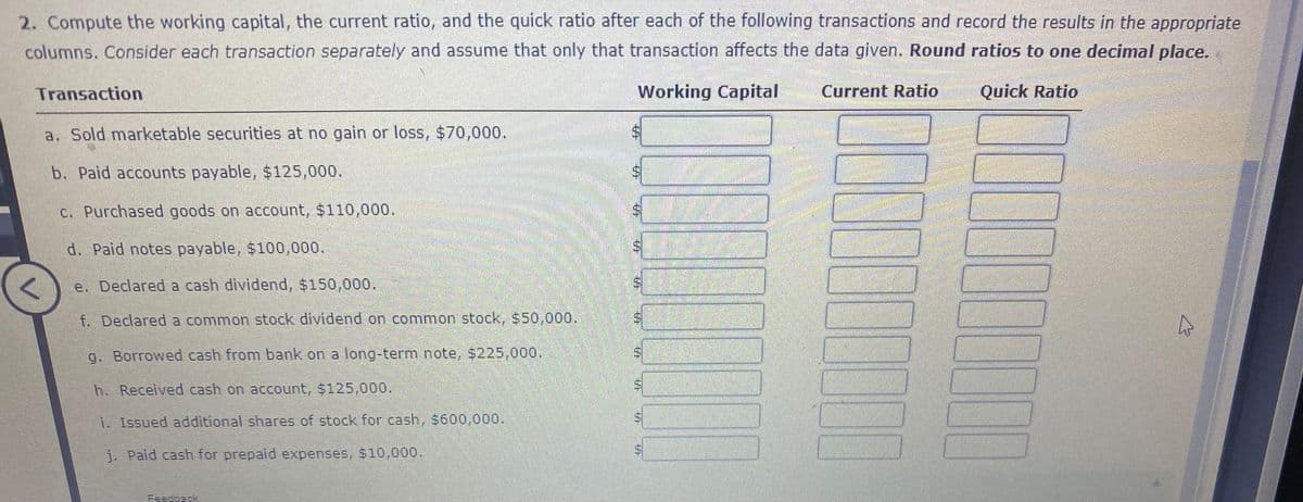 2. Compute the working capital, the current ratio, and the quick ratio after each of the following transactions and record the results in the appropriate
columns. Consider each transaction separately and assume that only that transaction affects the data given. Round ratios to one decimal place.
Transaction
Working Capital
Current Ratio
Quick Ratio
a. Sold marketable securities at no gain or loss, $70,000.
b. Paid accounts payable, $125,000.
C. Purchased goods on account, $110,000.
d. Paid notes payable, $100,000.
e. Declared a cash dividend, $150,000,
f. Declared a common stock dividend on common stock, s50,000.
g. Borrowed cash from bank on a long-term note, $225,000.
h. Received cash on account, $125,000.
i. Issued additional shares of stock for cash, $600,000.
j. Paid cash for prepaid expenses, $10,000.
Feedback
%24
%24
%24
%24
