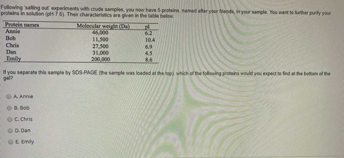 Following 'salting out' experiments with crude samples, you now have 5 proteins, named after your friends, in your sample. You want to further purify your
proteins in solution (pH 7.6). Their characteristics are given in the table below.
Protein names
Molecular weight (Da)
46,000
11,500
27,500
31,000
200,000
pl
6.2
Annie
Bob
10.4
Chris
6.9
Dan
4.5
Emily
8.6
gel?
If you separate this sample by SDS-PAGE (the sample was loaded at the top), which of the following proteins would you expect to find at the bottom of the
A. Annie
В. Bob
C. Chris
D. Dan
O E. Emily
