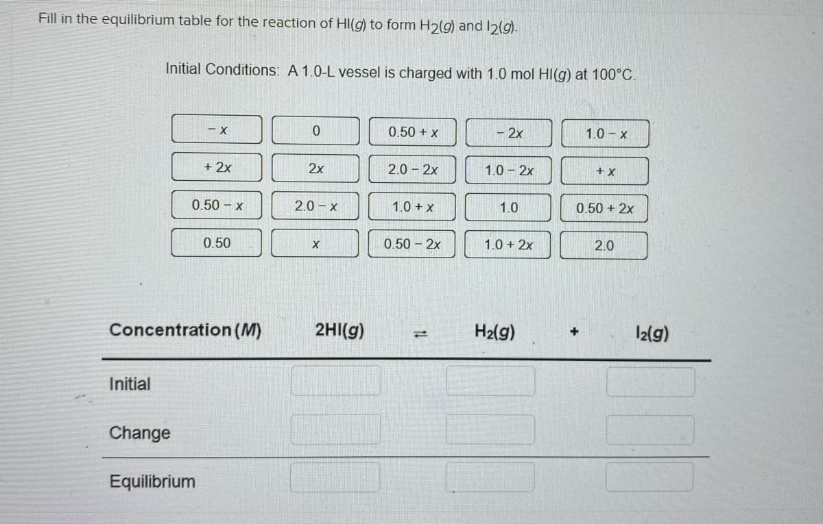 Fill in the equilibrium table for the reaction of HI(g) to form H2(g) and I2(g).
Initial Conditions: A 1.0-L vessel is charged with 1.0 mol HI(g) at 100°C.
0.50 + x
- 2x
1.0 x
+ 2x
2x
2.0 - 2x
1.0 - 2x
+ X
0.50 x
2.0 - x
1.0 + x
1.0
0.50 + 2x
0.50
0.50 2x
1.0 + 2x
2.0
Concentration (M)
2HI(g)
H2(g)
I2(g)
Initial
Change
Equilibrium
