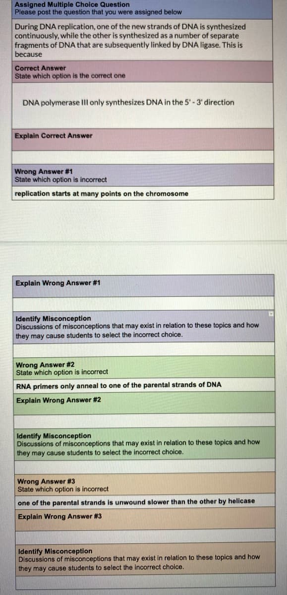 Assigned Multiple Choice Question
Please post the question that you were assigned below
During DNA replication, one of the new strands of DNA is synthesized
continuously, while the other is synthesized as a number of separate
fragments of DNA that are subsequently linked by DNA ligase. This is
because
Correct Answer
State which option is the correct one
DNA polymerase III only synthesizes DNA in the 5'-3' direction.
Explain Correct Answer
Wrong Answer #1
State which option is incorrect
replication starts at many points on the chromosome
Explain Wrong Answer #1
Identify Misconception
Discussions of misconceptions that may exist in relation to these topics and how
they may cause students to select the incorrect choice.
Wrong Answer #2
State which option is incorrect
RNA primers only anneal to one of the parental strands of DNA
Explain Wrong Answer #2
Identify Misconception
Discussions of misconceptions that may exist in relation to these topics and how
they may cause students to select the incorrect choice.
Wrong Answer #3
State which option is incorrect
one of the parental strands is unwound slower than the other by helicase
Explain Wrong Answer #3
Identify Misconception
Discussions of misconceptions that may exist in relation to these topics and how
they may cause students to select the incorrect choice.