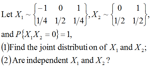 (-1
Let X,
1
1
1/2f*
(1/4 1/2 1/4
and P{X,X, = 0} = 1,
(1)Find the joint distributi on of X, and X,;
(2)Are independent X, and X, ?
(1/2
