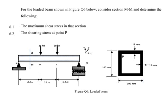 For the loaded beam shown in Figure Q6 below, consider section M-M and determine the
following:
6.1
The maximum shear stress in that section
6.2
The shearing stress at point P
12 mm
25 kN
20 kN
M
12 mm
100 mm
0.4m
0.3 m
0.4 m
100 mm
Figure Q6: Loaded beam
