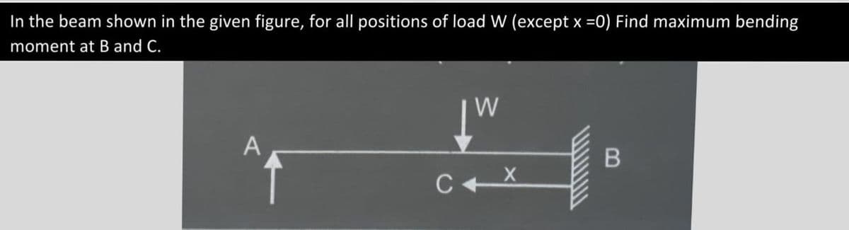 In the beam shown in the given figure, for all positions of load W (except x =0) Find maximum bending
moment at B and C.
W
A
CX
