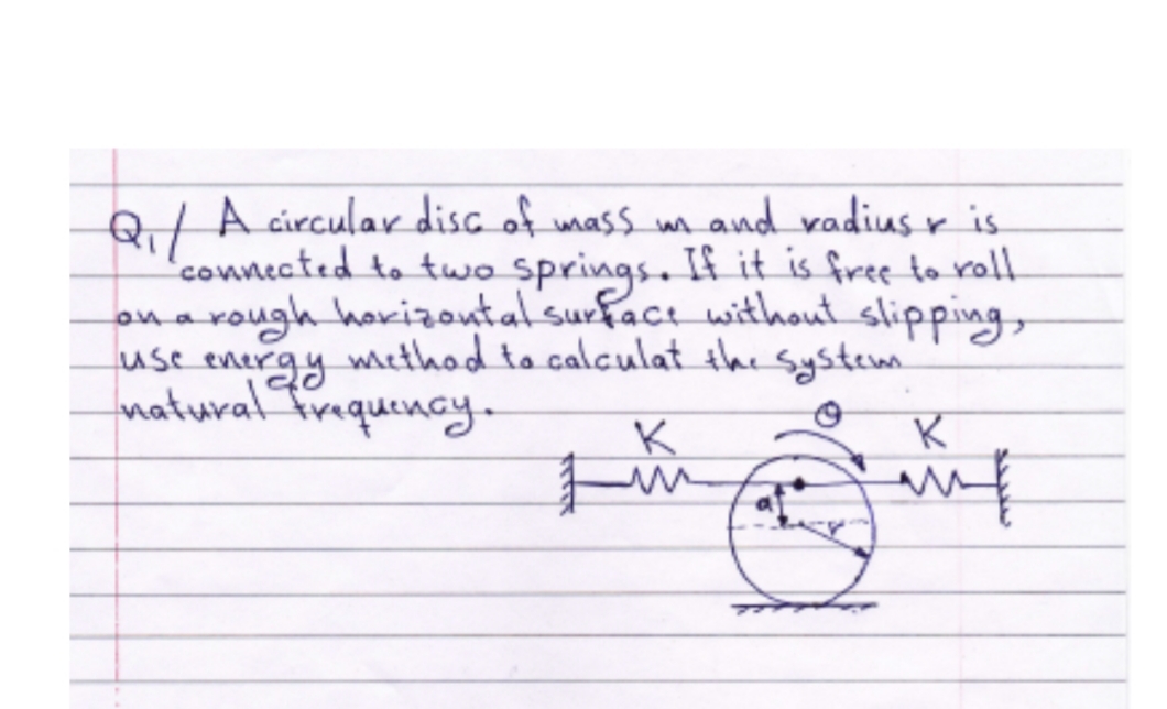 Q/A circular disc of mass m and radius r is
Qil
'connected to two springs. If it is free to roll
onarough horizoutal surface without_slipping,
use energy methad to calculat the System
natural Trequency.
