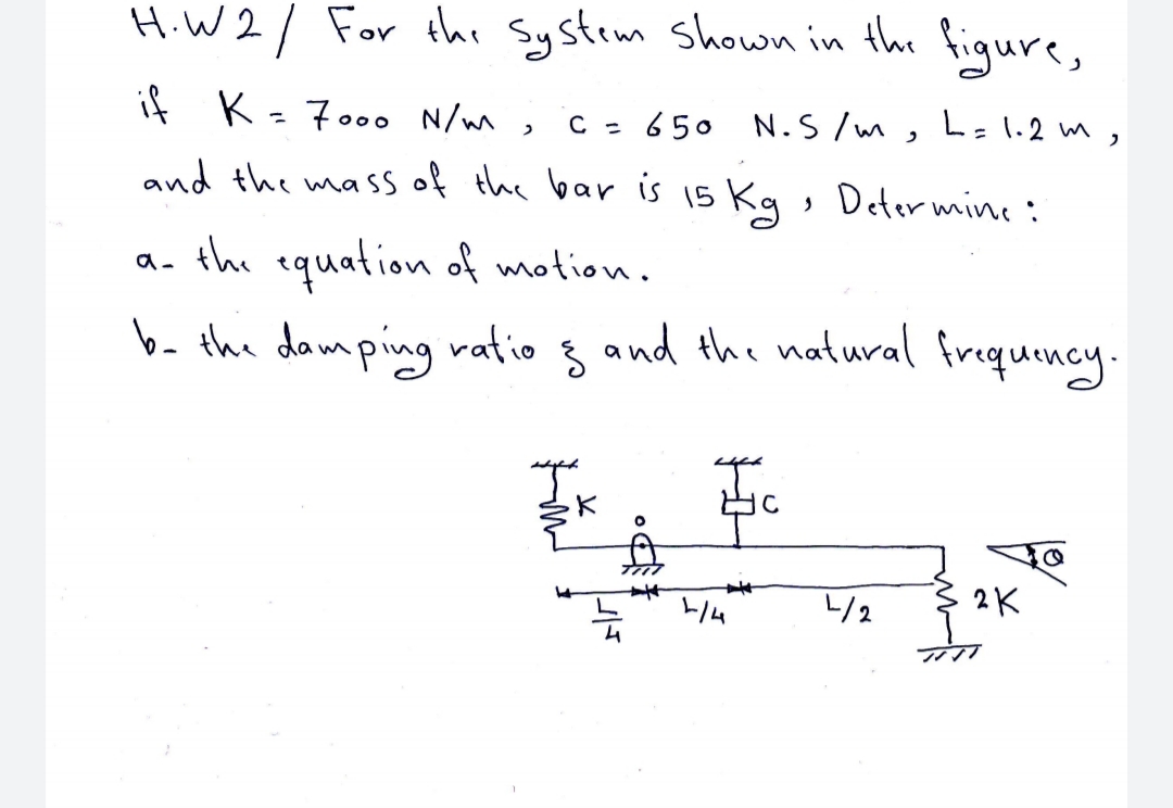 HiW 2/ For thr System Shown in the figure,
if K
- 7000 N/m, c=650 N.S/m,L=1.2 m,
and the mass of the bar is 15 kg, Determine:
a. the equation of motion.
b. the damping ratio 3
and the natural frequency.
