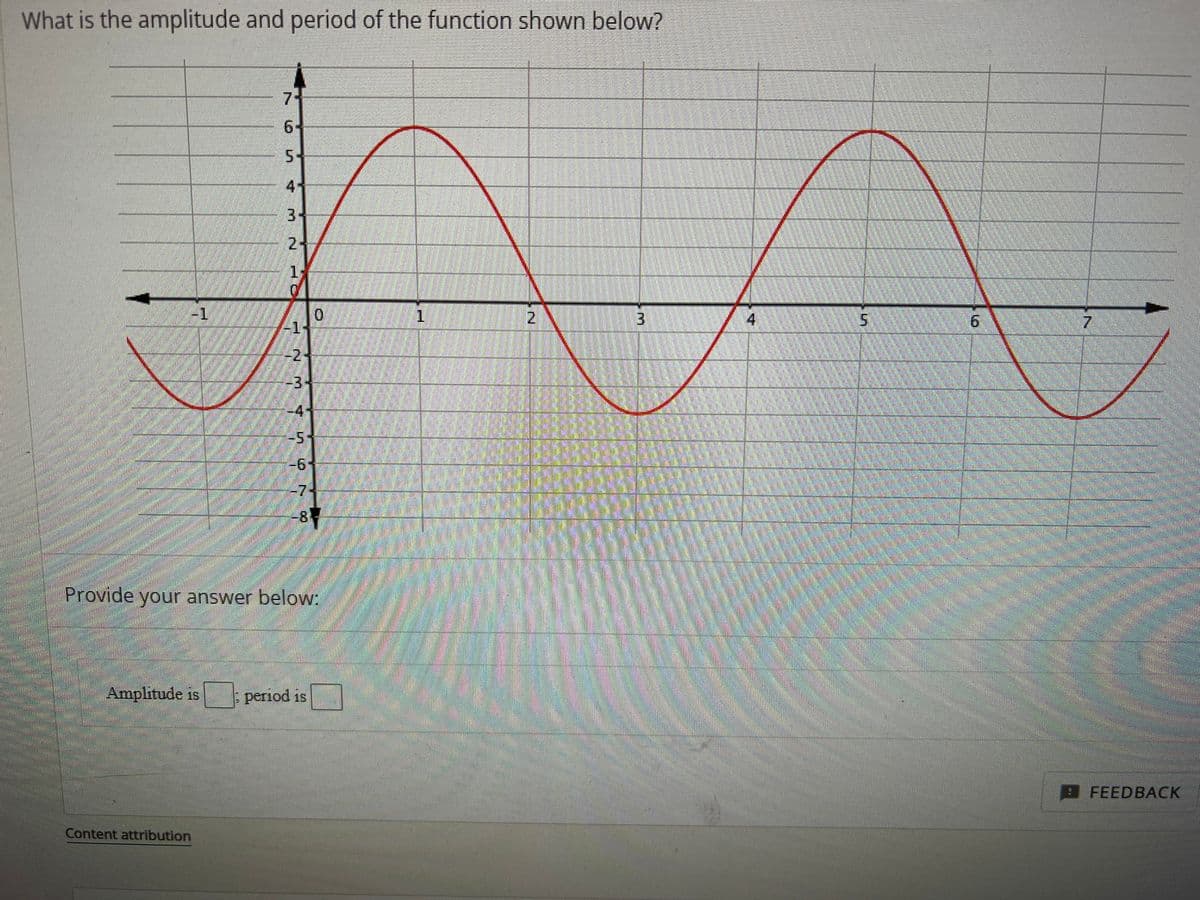 What is the amplitude and period of the function shown below?
74
6
5
4
3-
2-
1
Content attribution
10
-2-
-34
manu
0
-61
-8
Provide your answer below:
Amplitude is :period is
1
3
4
5
LIT
7
FEEDBACK