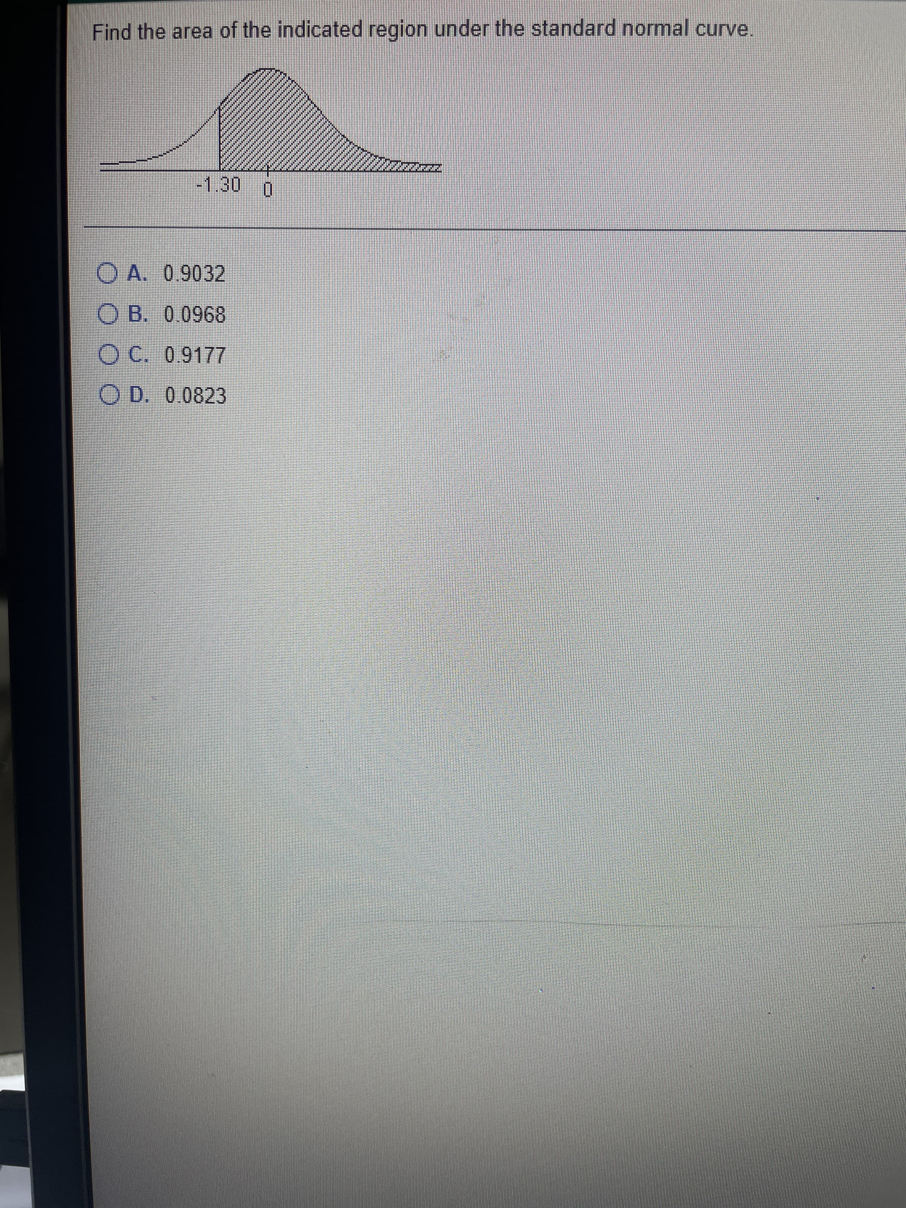 Find the area of the indicated region under the standard normal curve.
O A. 0.9032
OC. 0,9177
O D. 0.0823
