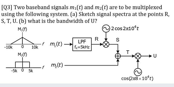 [Q3] Two baseband signals mi(t) and m2(t) are to be multiplexed
using the following system. (a) Sketch signal spectra at the points R,
S, T, U. (b) what is the bandwidth of U?
M,(f)
2 cos 2n10*t
R
S
LPF
f m,(t)
-10k
10k
fr=5kHz
T
M2(f)
U
m,(t)
-5k 0 5k
cos(278 x 10*t)
