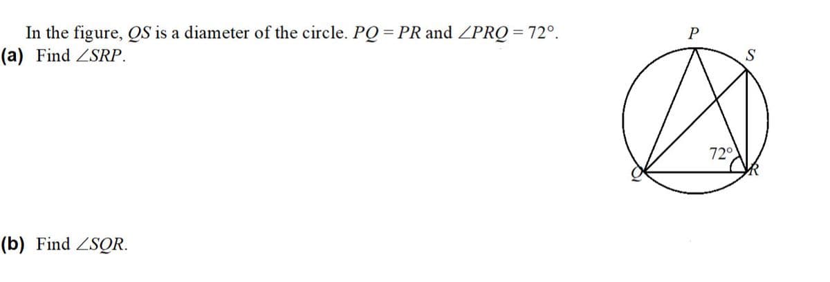 In the figure, QS is a diameter of the circle. PQ = PR and ZPRQ = 72°.
(a) Find ZSRP.
S
72°
(b) Find ZSQR.
