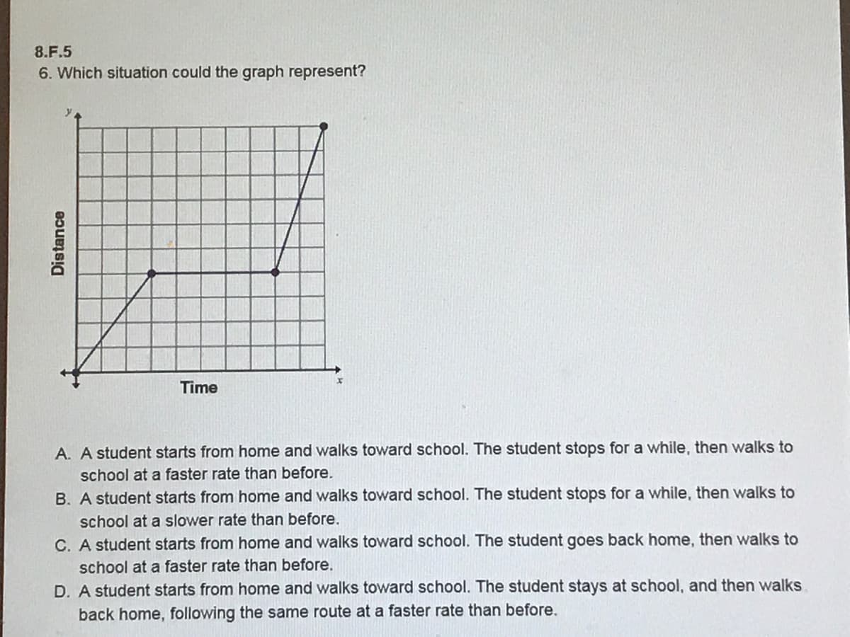 8.F.5
6. Which situation could the graph represent?
Time
A. A student starts from home and walks toward school. The student stops for a while, then walks to
school at a faster rate than before.
B. A student starts from home and walks toward school. The student stops for a while, then walks to
school at a slower rate than before.
C. A student starts from home and walks toward school. The student goes back home, then walks to
school at a faster rate than before.
D. A student starts from home and walks toward school. The student stays at school, and then walks
back home, following the same route at a faster rate than before.
Distance
