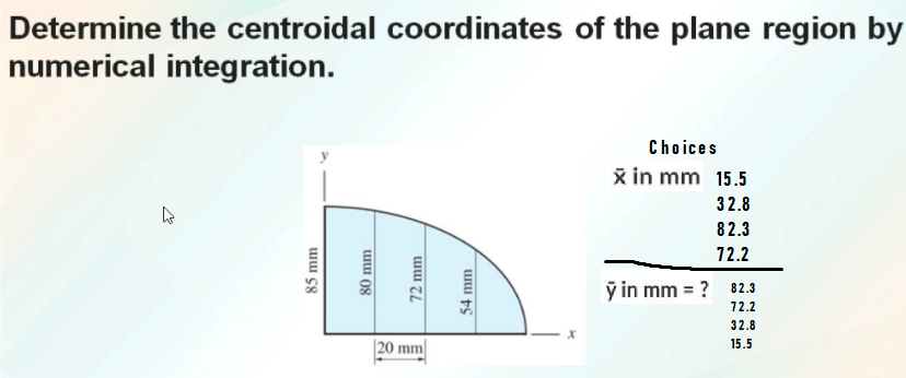 Determine the centroidal coordinates of the plane region by
numerical integration.
Choices
š in mm 15.5
32.8
82.3
72.2
ỹ in mm = ?
82.3
72.2
32.8
|20 mm|
15.5
80 mm
72 mm
54 mm
