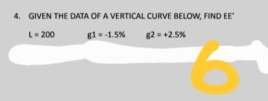 4. GIVEN THE DATA OF A VERTICAL CURVE BELOW, FIND EE'
L = 200
g1 = -1.5%
g2 = +2.5%