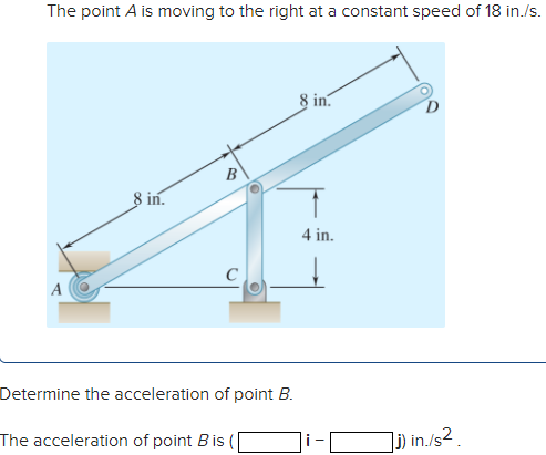 The point A is moving to the right at a constant speed of 18 in./s.
8 in.
8 in.
4 in.
C
A
Determine the acceleration of point B.
The acceleration of point Bis
]i) in./s2 .
