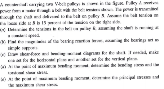 A countershaft carrying two V-belt pulleys is shown in the figure. Pulley A receives
power from a motor through a belt with the belt tensions shown. The power is transmitted
through the shaft and delivered to the belt on pulley B. Assume the belt tension on
the loose side at B is 15 percent of the tension on the tight side.
(a) Determine the tensions in the belt on pulley B, assuming the shaft is running at
a constant speed.
(b) Find the magnitudes of the bearing reaction forces, assuming the bearings act as
simple supports.
(c) Draw shear-force and bending-moment diagrams for the shaft. If needed, make
nlona ond another set for the vertical plane.
