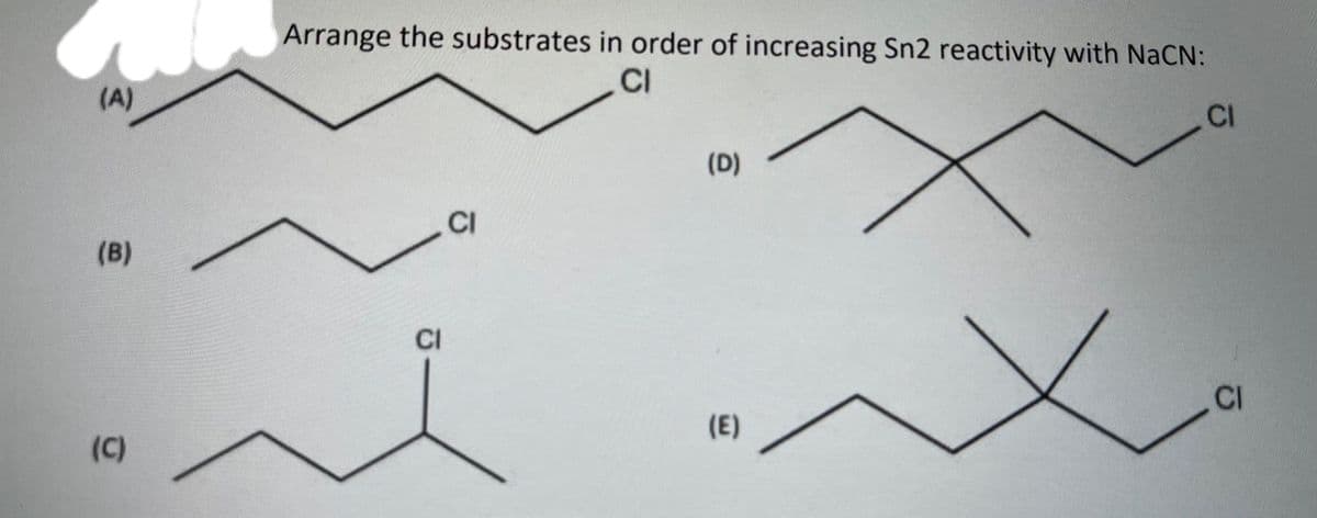 (A)
(B)
(C)
Arrange the substrates in order of increasing Sn2 reactivity with NaCN:
CI
CI
CI
(D)
(E)
CI
CI