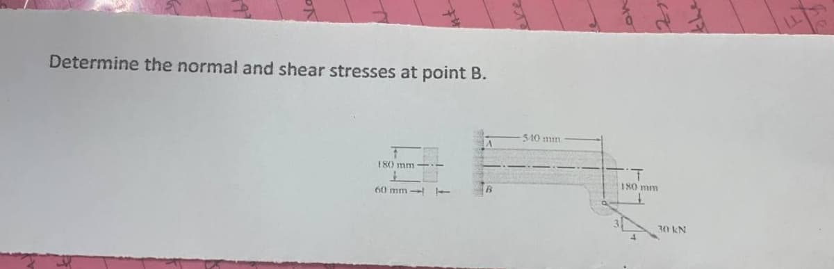 Determine the normal and shear stresses at point B.
510 mm
180 mm
180 mm
B.
60 mm -
30 KN
4.
