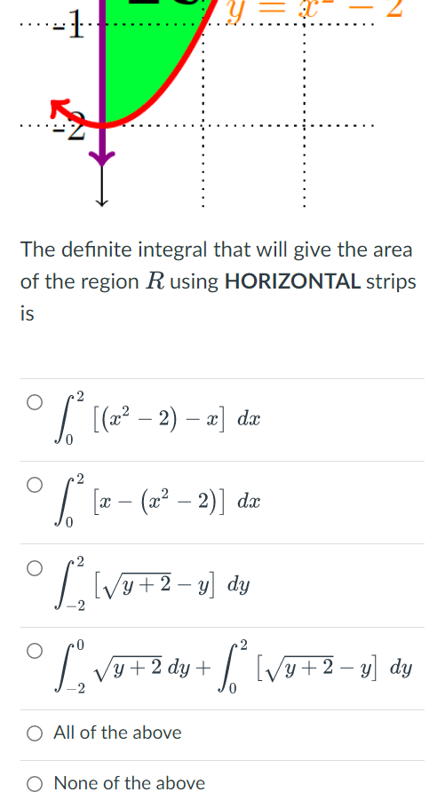 y = x
-1·|
The definite integral that will give the area
of the region R using HORIZONTAL strips
is
2
² [(x² − 2) — x] dr
2
°C
[x - (x² − 2)] dx
2
L [√y+2-y] dy
0
2
[₂√y +
√y+2 dy + ²* [√y+2-y] dy
All of the above
O None of the above