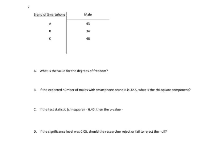 2.
Brand of Smartphone
Male
A
43
34
48
A. What is the value for the degrees of freedom?
B. If the expected number of males with smartphone brand B is 32.5, what is the chi-square component?
c. If the test statistic (chi-square) = 6.40, then the p-value =
D. If the significance level was 0.05, should the researcher reject or fail to reject the null?
