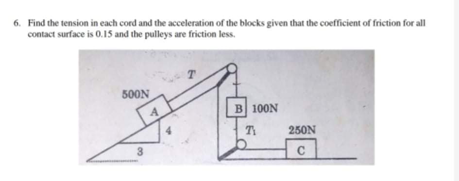 6. Find the tension in each cord and the acceleration of the blocks given that the coefficient of friction for all
contact surface is 0.15 and the pulleys are friction less.
T.
500N
B 100N
4
Ti
250N
3
C
