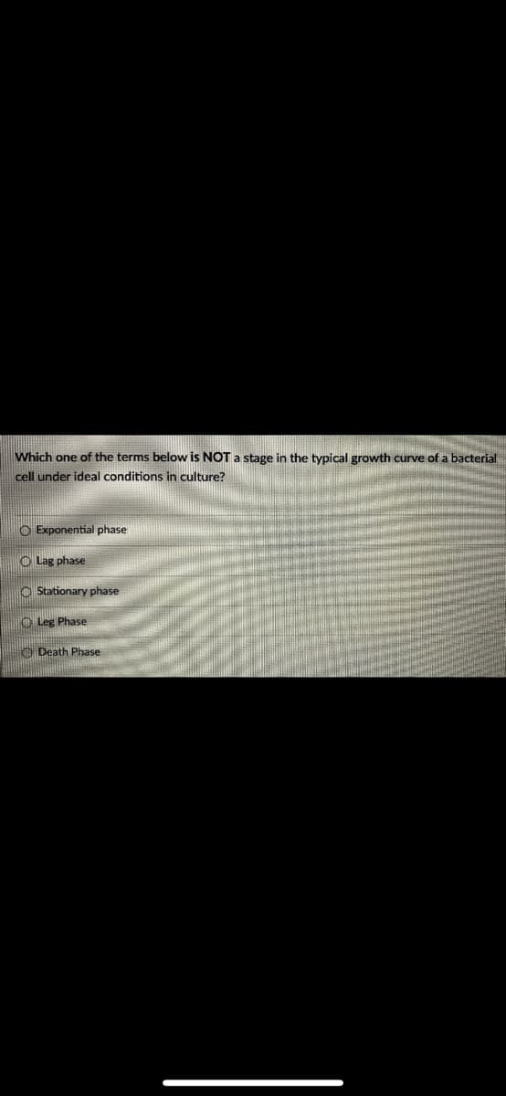 Which one of the terms below is NOT a stage in the typical growth curve of a bacterial
cell under ideal conditions in culture?
O Exponential phase
Lag phase
Stationary phase
Leg Phase
Death Phase