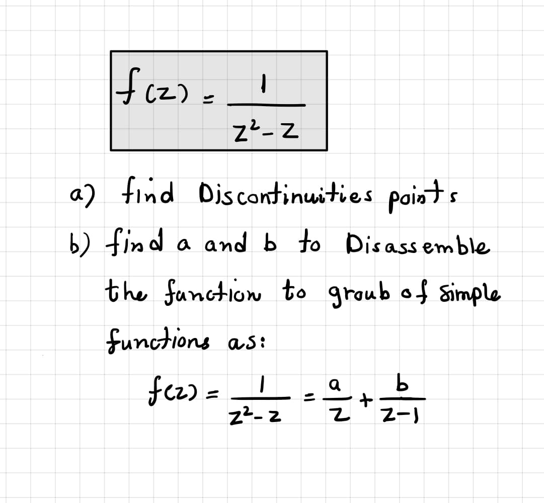 f(z) =
CZ)
z²-Z
a) find Discontinuities poiats
b) find a and b to Disassemble
the function to groub of Simple
functions as:
fc2) =
a
%3D
Z-)
