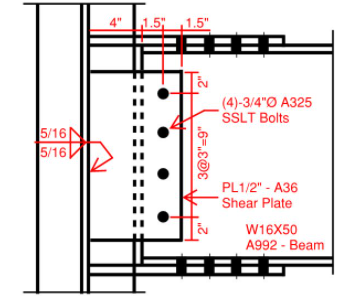 4"
1.5" 1.5"
(4)-3/4"Ø A325
SSLT Bolts
5/16N
5/16
PL1/2" - A36
Shear Plate
W16X50
A992 - Beam
886
3@3"=9"
