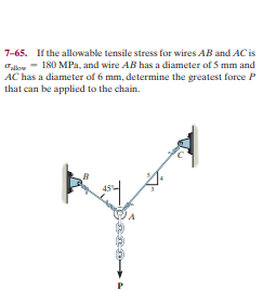 7-65. If the allowable tensile stress for wires AB and AC is
low - 180 MPa, and wire AB has a diameter of 5 mm and
AC has a diameter of 6 mm, determine the greatest force P
that can be applied to the chain.
