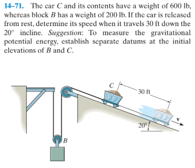 14–71. The car C and its contents have a weight of 600 lb,
whereas block B has a weight of 200 lb. If the car is released
from rest, determine its speed when it travels 30 ft down the
20° incline. Suggestion: To measure the gravitational
potential energy, establish separate datums at the initial
elevations of B and C.
30 ft
20°
