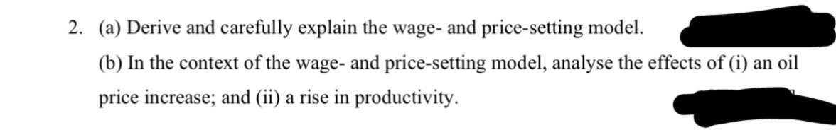 2. (a) Derive and carefully explain the wage- and price-setting model.
(b) In the context of the wage- and price-setting model, analyse the effects of (i) an oil
price increase; and (ii) a rise in productivity.