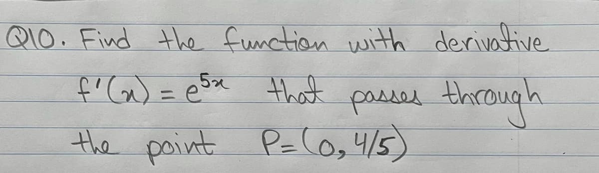Q1O. Find the function with derivative
f' G) =
esa that
through
%3D
passes
the point P=lo,415)
