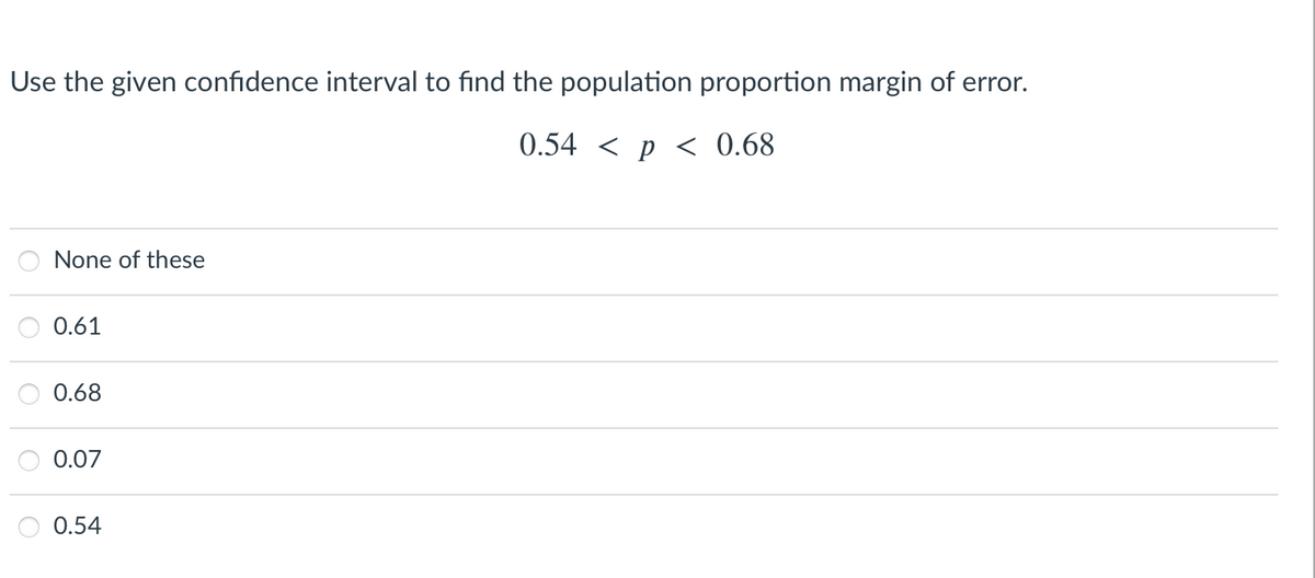 Use the given confidence interval to find the population proportion margin of error.
0.54 < p < 0.68
None of these
0.61
0.68
0.07
0.54
